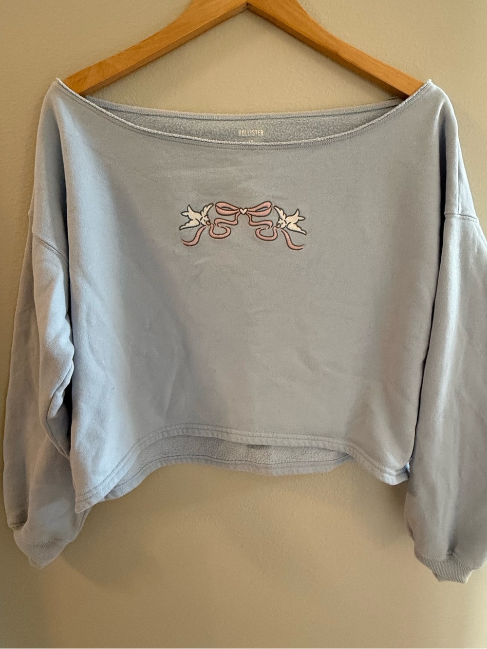 Hollister Light Blue Crop Sweatshirt with Embroidered Bow XS